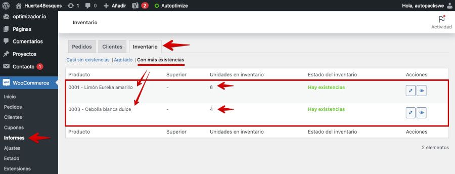 WooCommerce - Informes - Inventario - Con más existencias