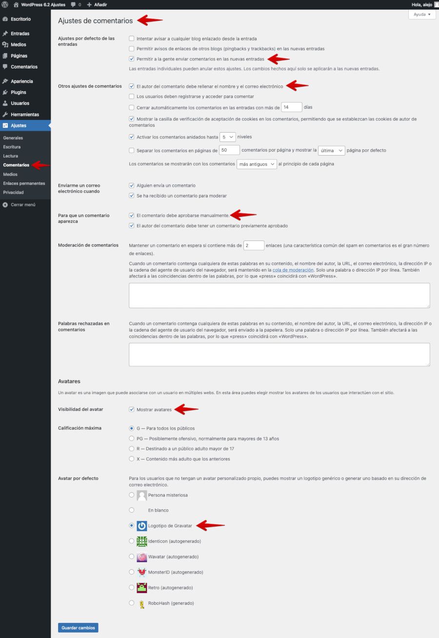 WordPress - Ajustes - Comentarios