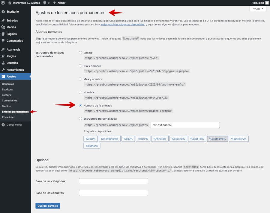 WordPress - Ajustes - Enlaces permanentes