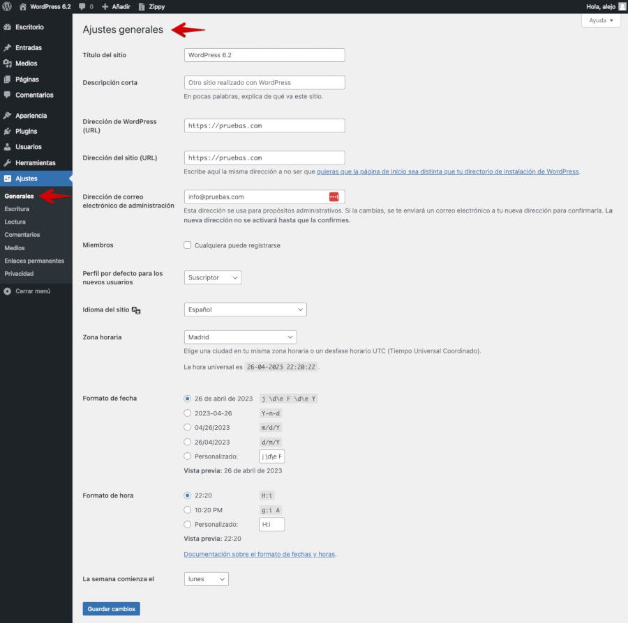 WordPress - Ajustes - Generales