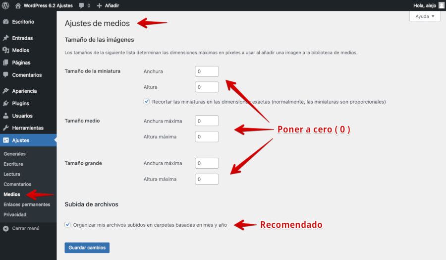 WordPress - Ajustes - Medios