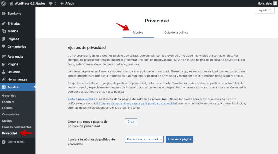 WordPress - Ajustes - Privacidad