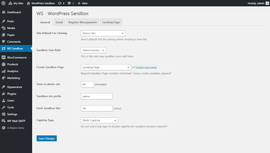 Ajustes del plugin WordPress Sandbox