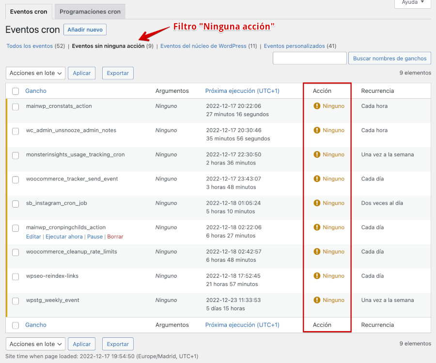 Ver eventos sin acción con WP Crontrol