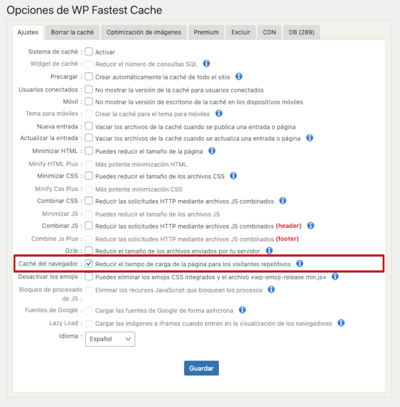 Ajustes del plugin WP Fastest Cache