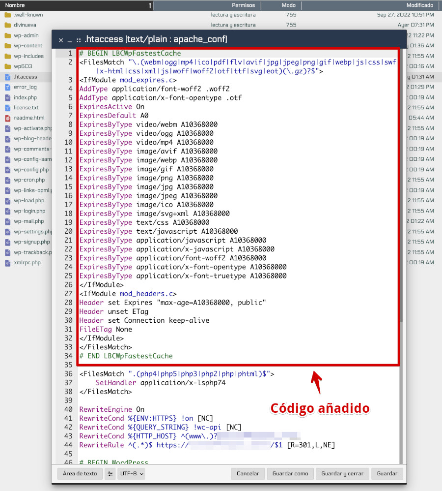 Código de expiración añadido en el archivo htaccess