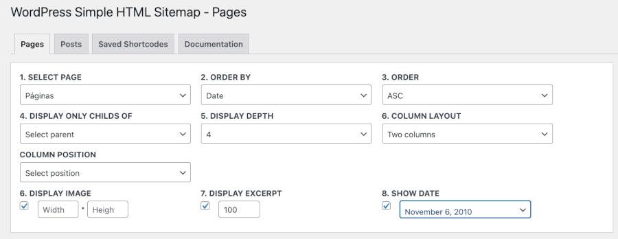 wp-simple-html-sitemap-settings-pages Ajustes de Páginas para mapa del sitio HTML