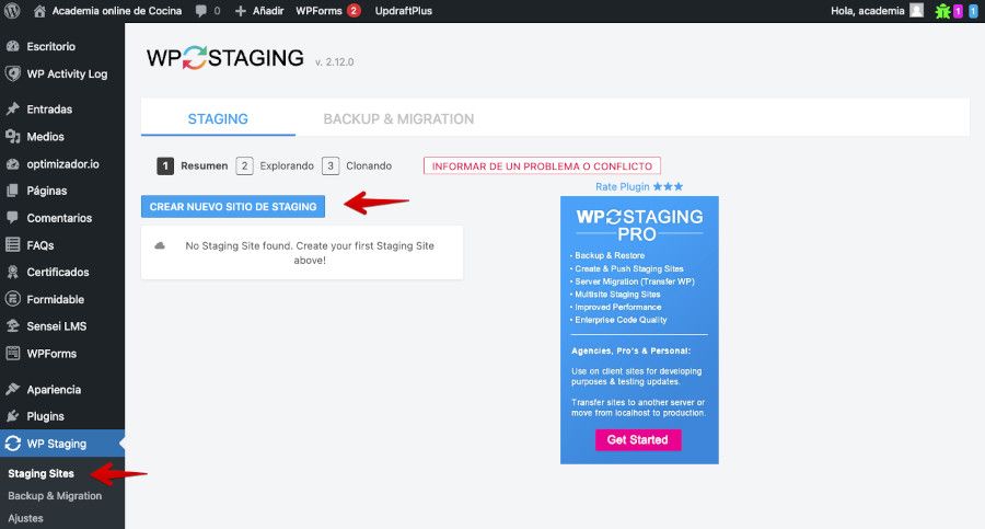 Crear un nuevo staging del sitio web