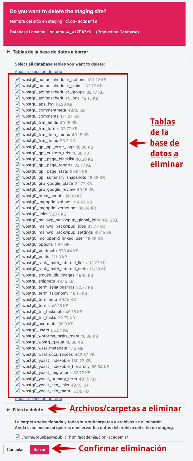 Tablas de la base de datos y archivos a eliminar del clon