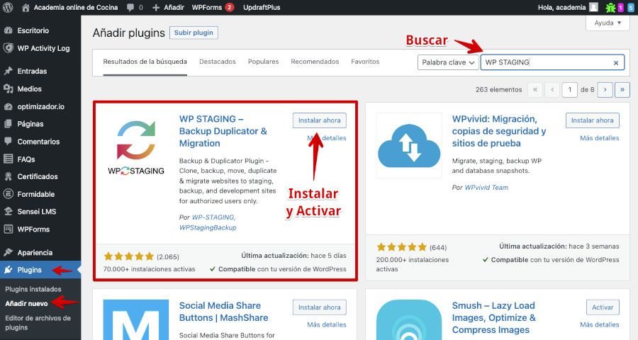 Instalar y activiar el plugin WP STAGING