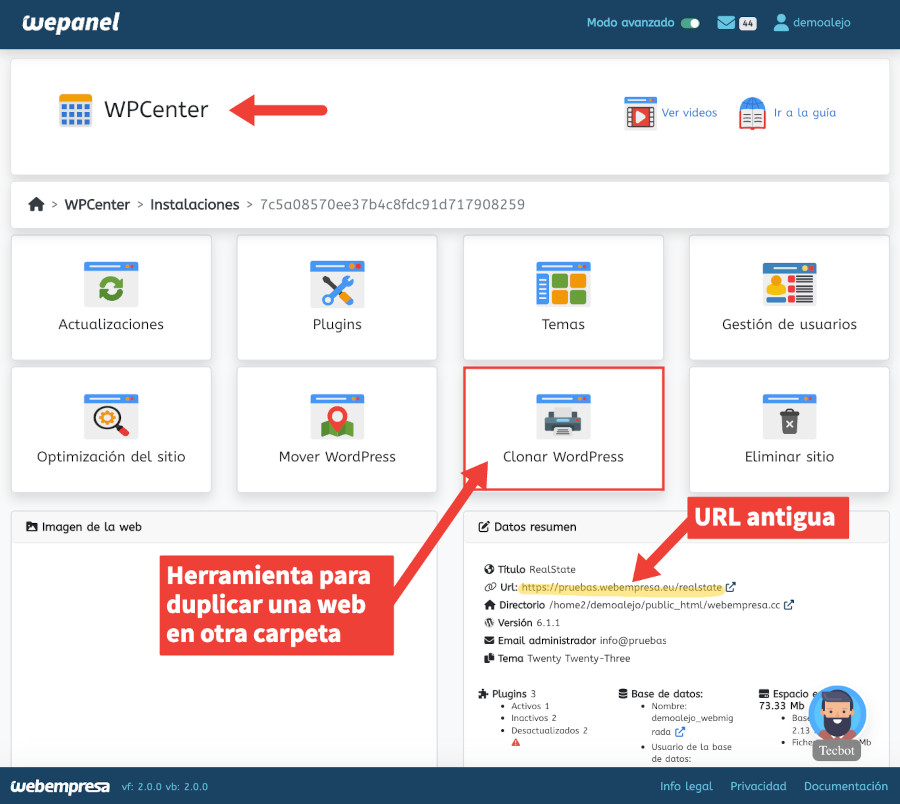 Herramienta WPCenter de Webempresa para clonar un sitio WordPress