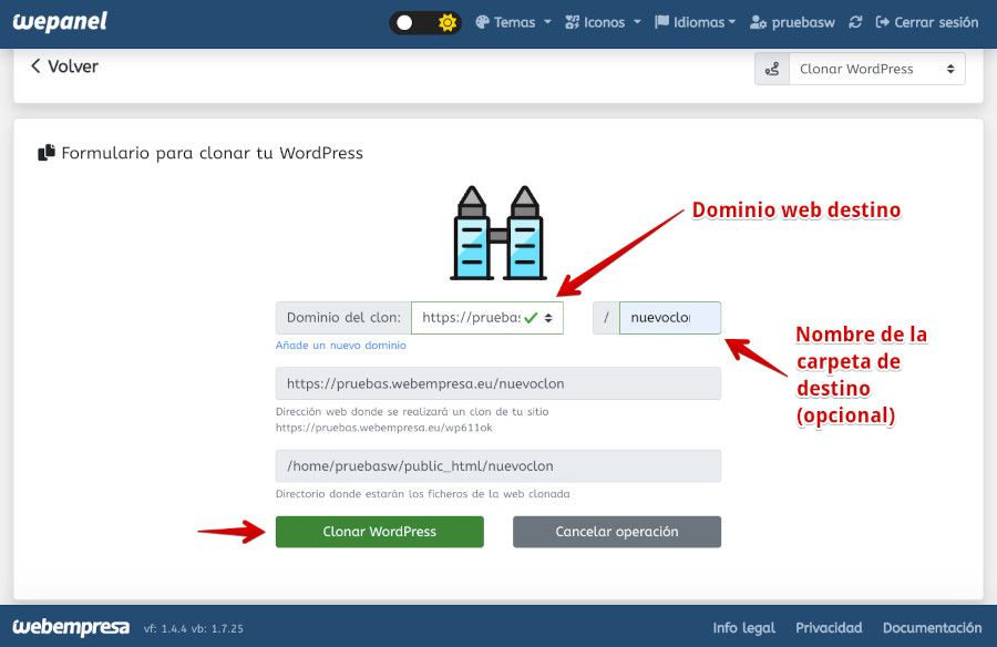 Formulario para clonación de sitio WordPress