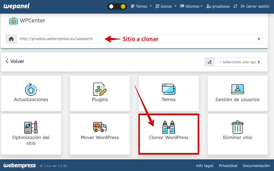 Clonar sitio web con WPCenter de Webempresa