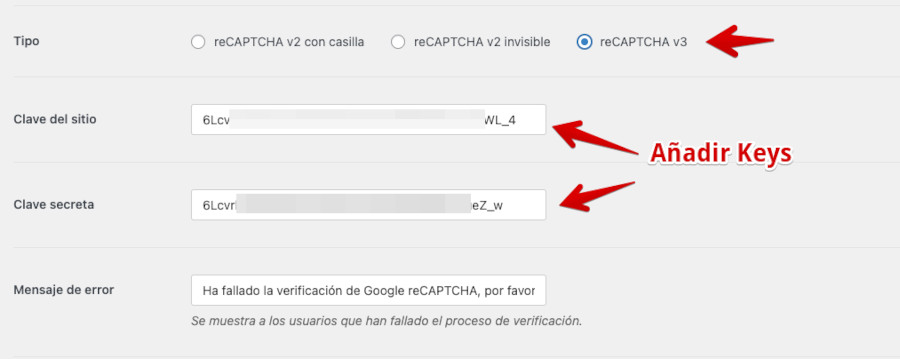 Configurar claves reCAPTCHA v3 en WPForms