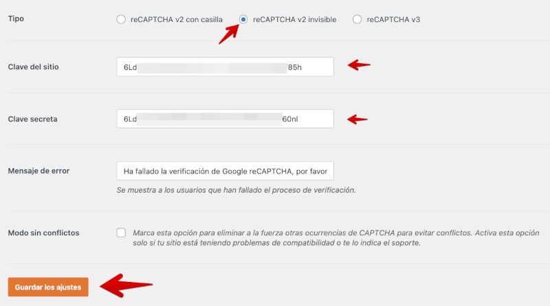 wpforms-captcha-claves Configurar claves reCAPTCHA v2 en WPForms