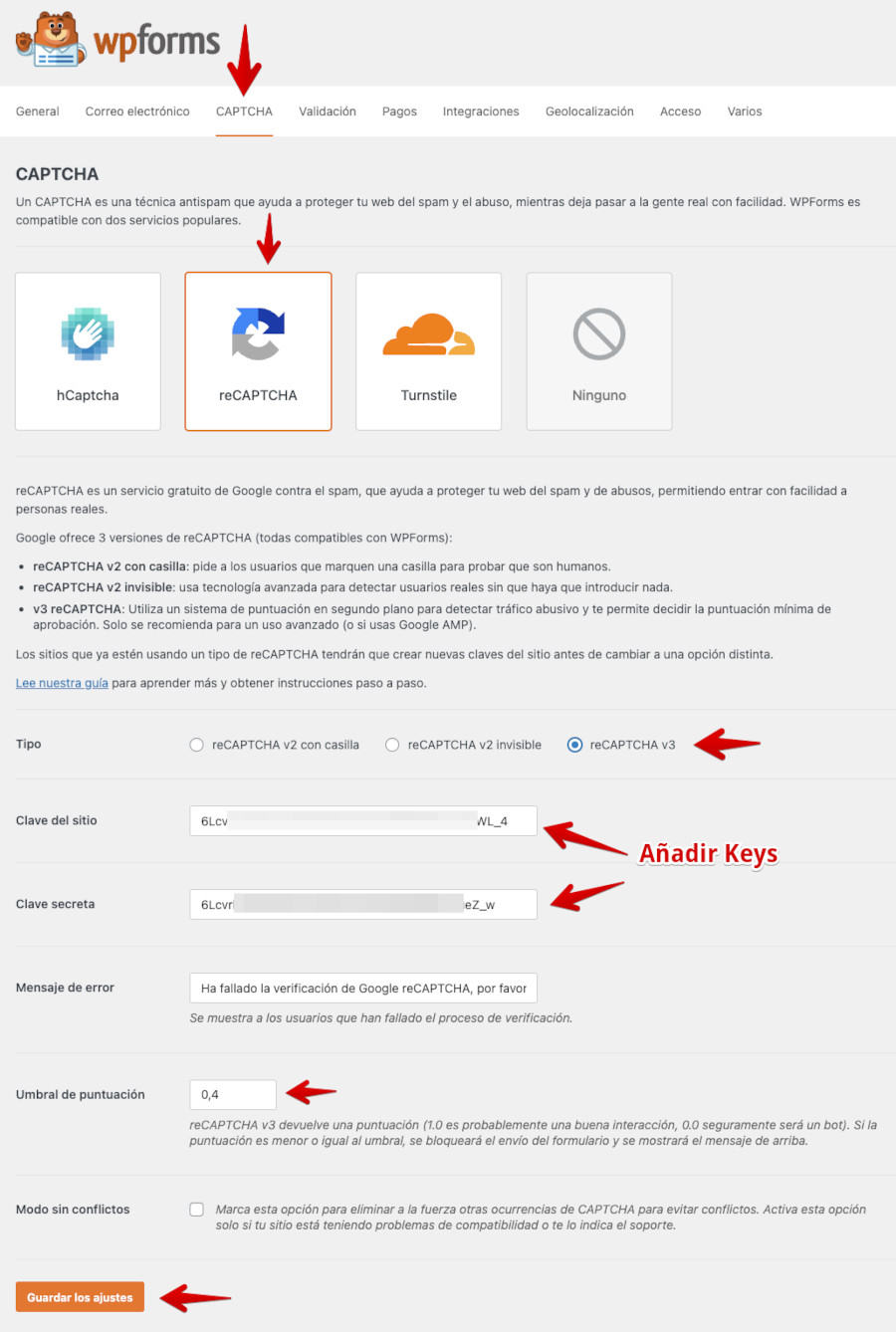 Activar reCAPTCHA v3 en WPForms