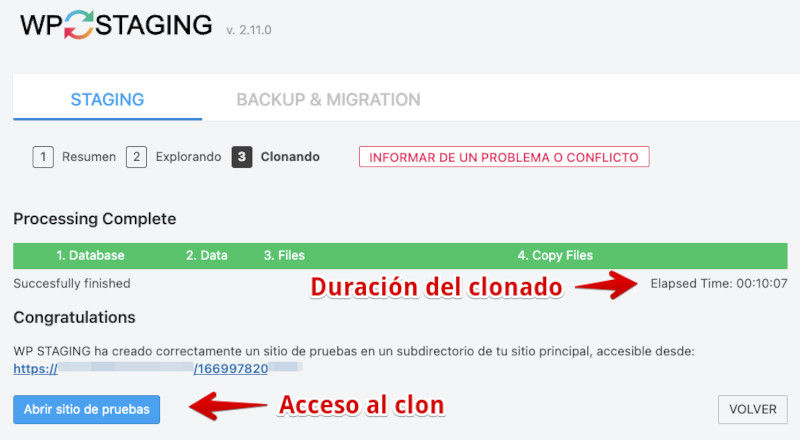 URL de acceso al sitio clonado