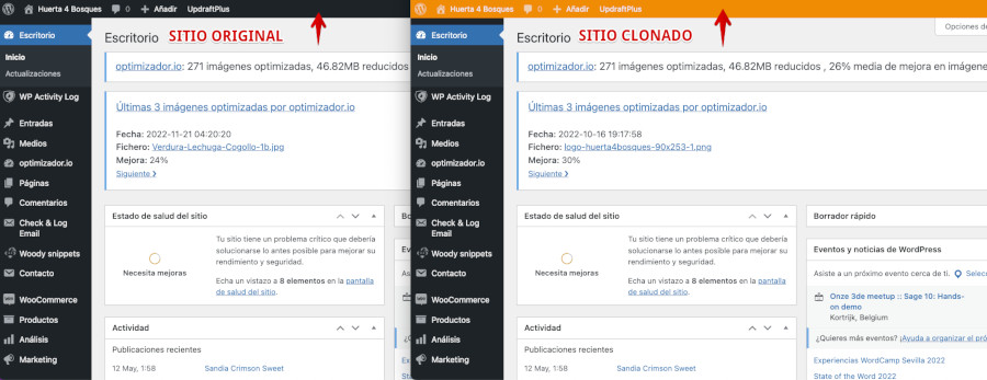 Dashboard del sitio en producción vs sitio clonado