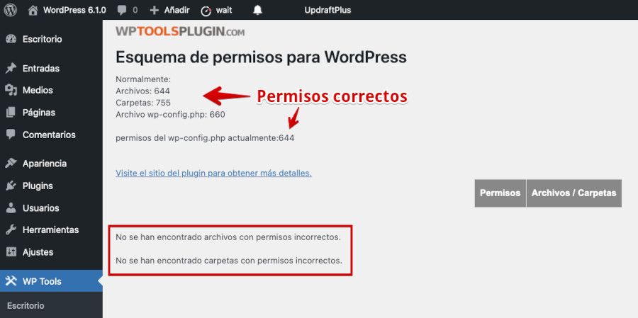 Comprobación de permisos de archivos y carpetas con WP Tools