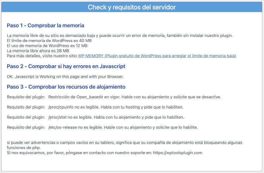 Requisitos no satisfechos de WP Tools