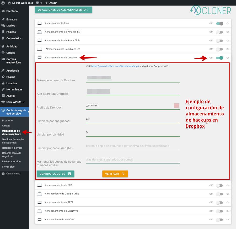 XCloner - Configuracion almacenamiento en Dropbox