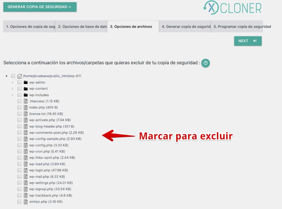 XCloner - Excluir archivos o carpetas del backup