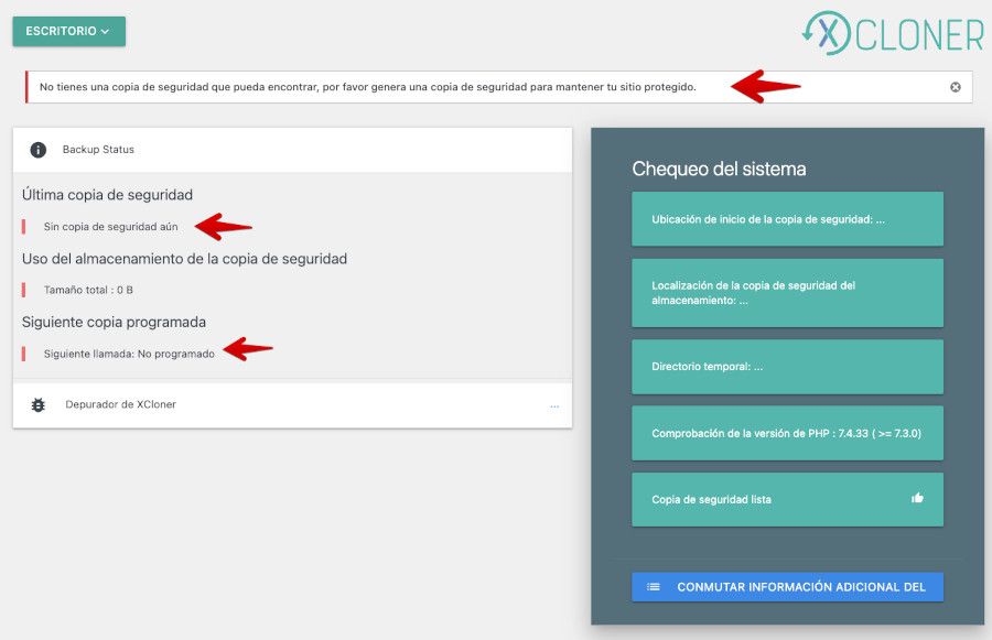 XCloner - Aviso de que no se han realizado backups