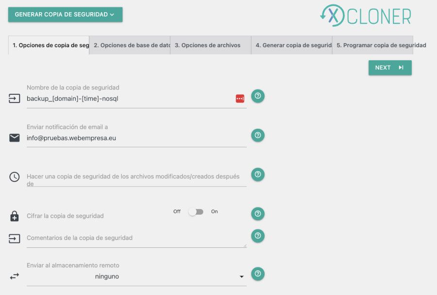 XCloner - Opciones para realizar un backup