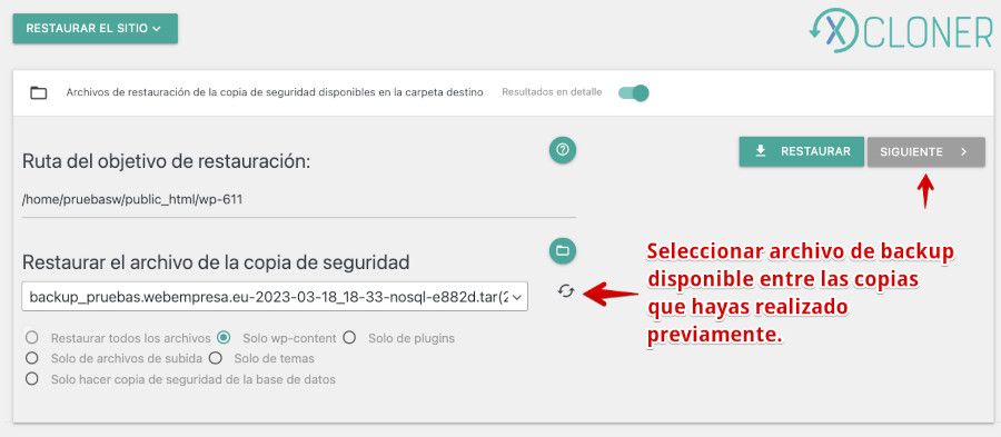 XCloner - Seleccionar copia de seguridad a restaurar