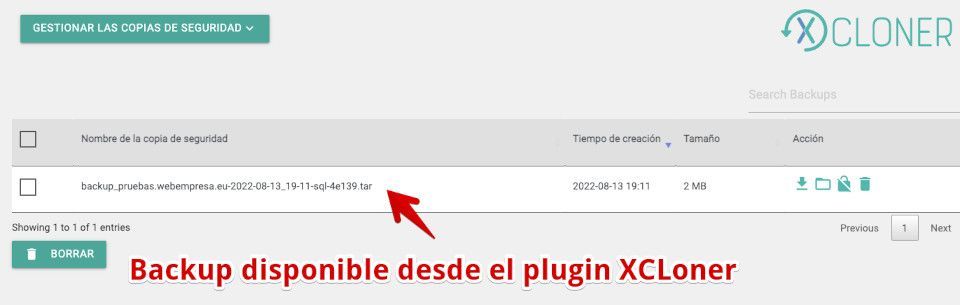 Copia disponible en el plugin XCloner