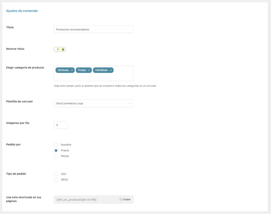 Ajustes de contenido del plugin