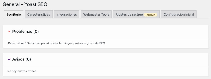 Vista del Escritorio de Yoast SEO