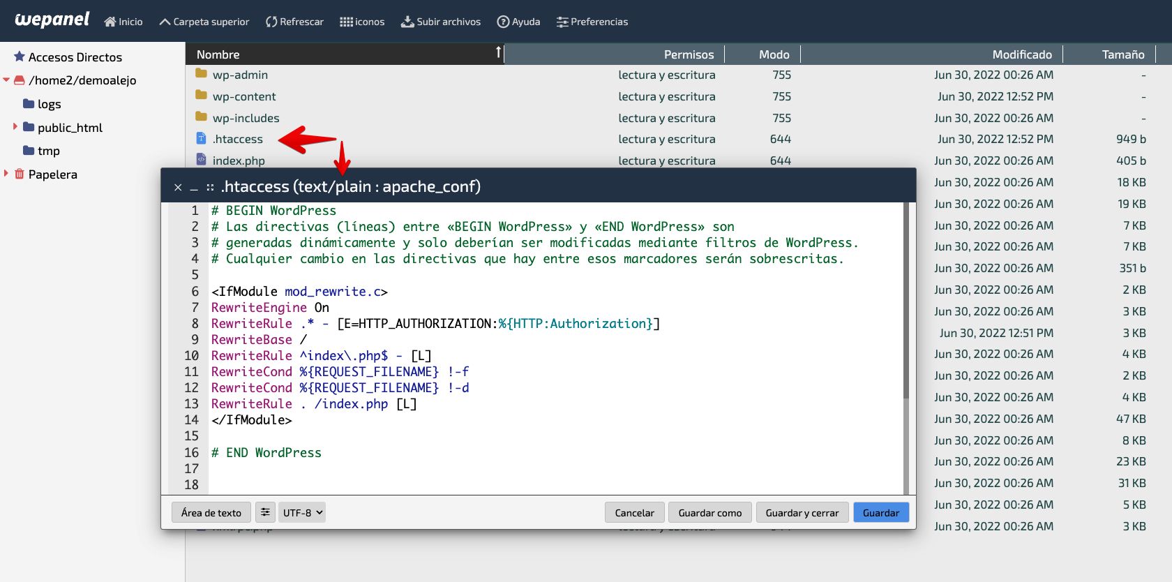 Ejemplo de archivo .htaccess para WordPress