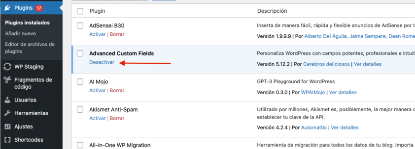 desactivar plugin mediante administración de WordPress