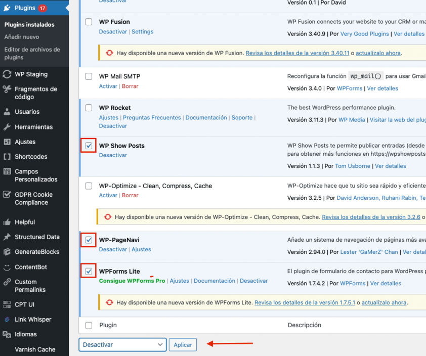 desactivar varios plugin mediante administración de WordPress