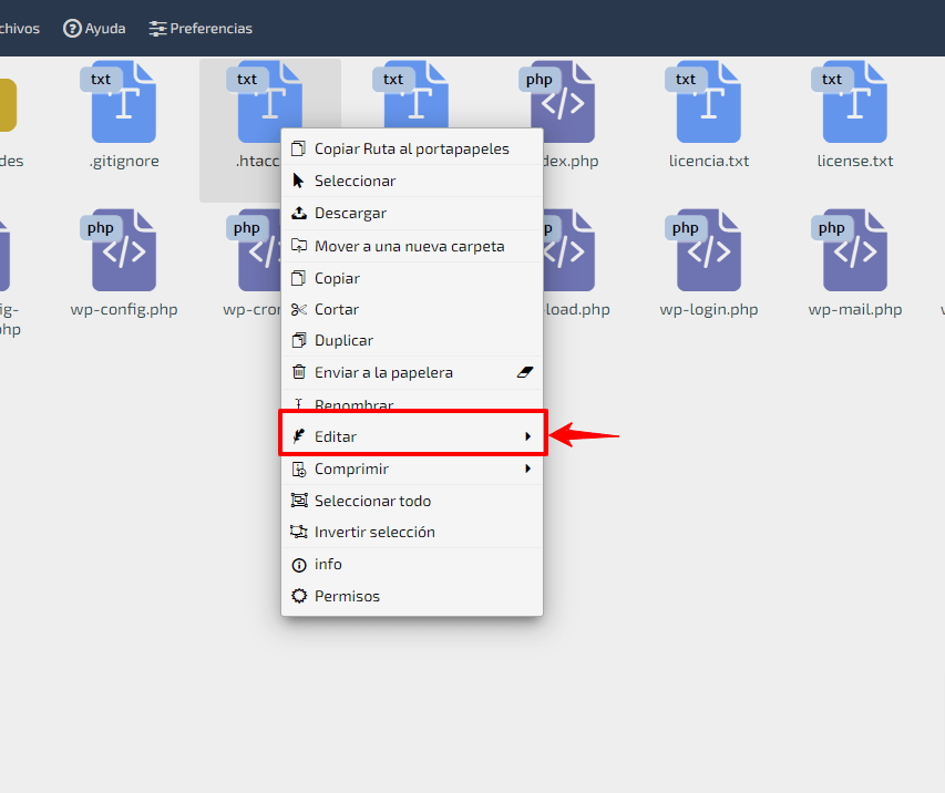 editar archivo htaccess webpanel