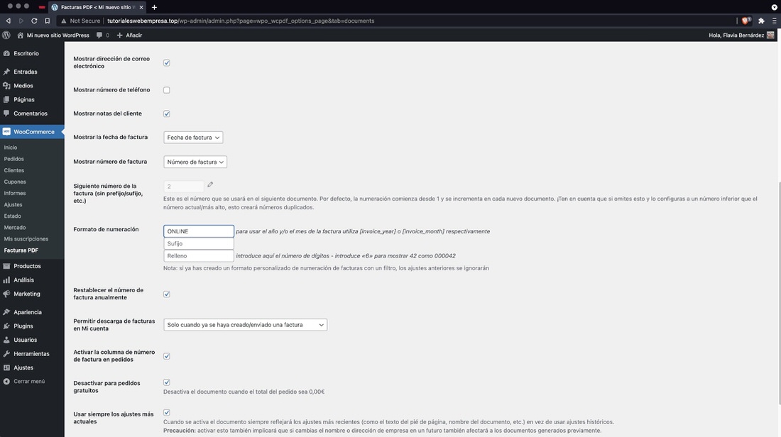 Opciones del plugin facturas woocommerce pdf