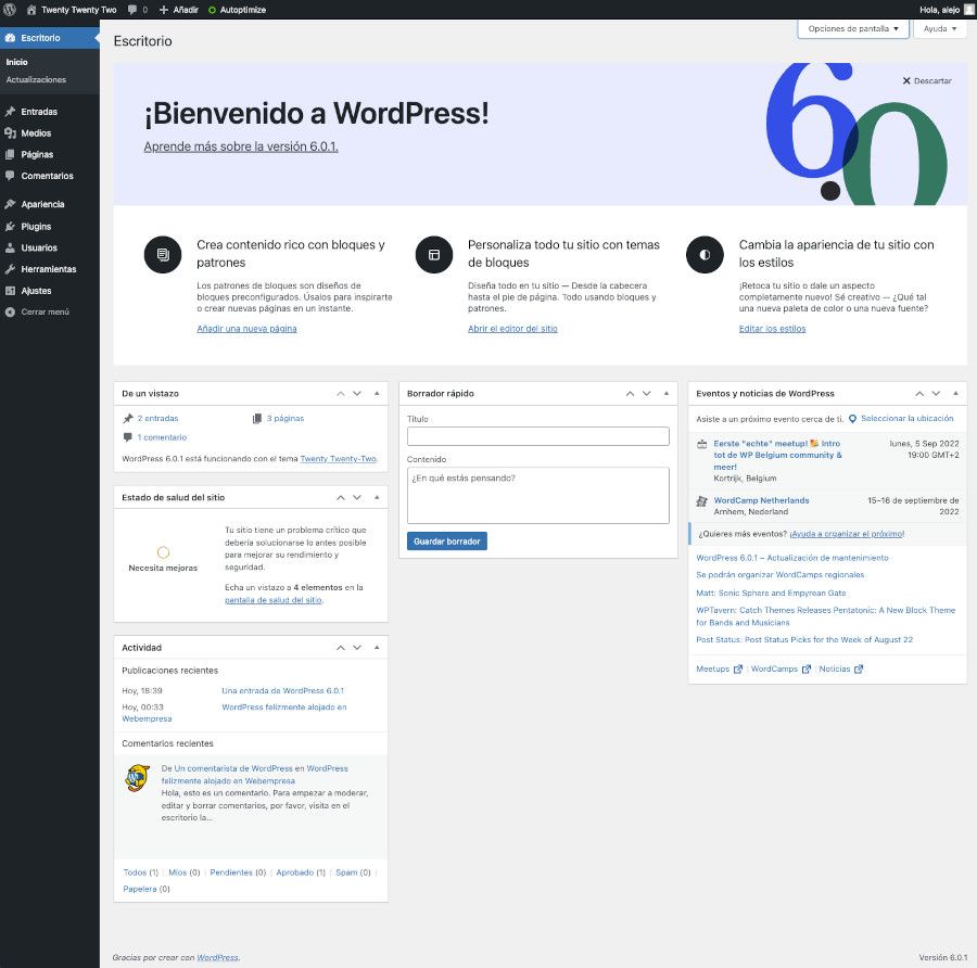 Dashboard de WordPress 6