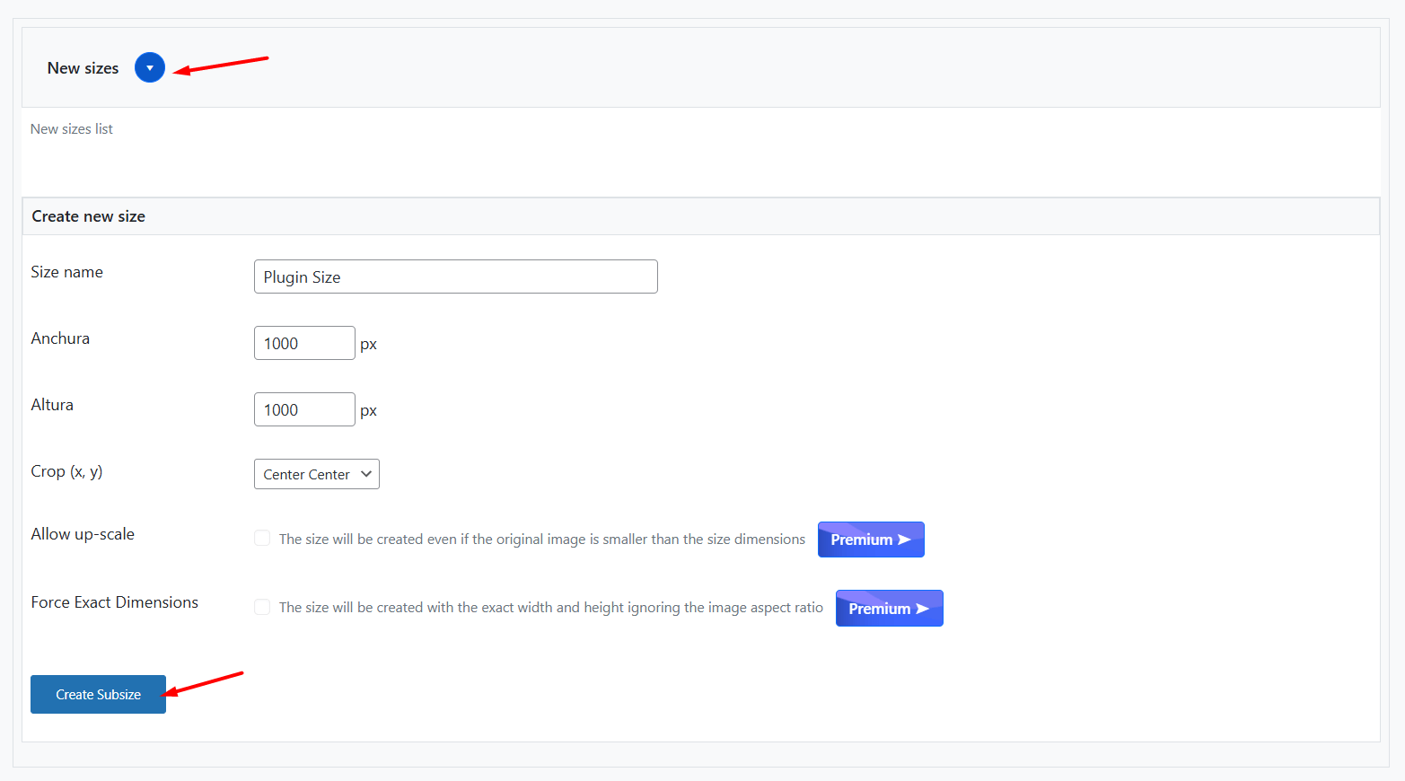 nuevo tamaño de imagen plugin