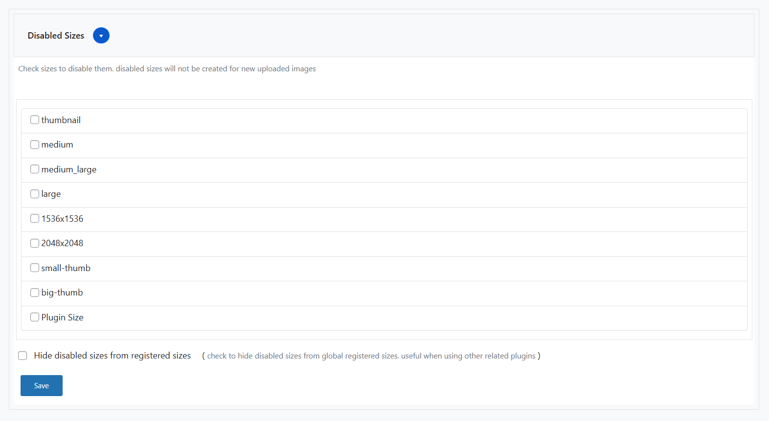 desactivar tamaños de imagen plugin