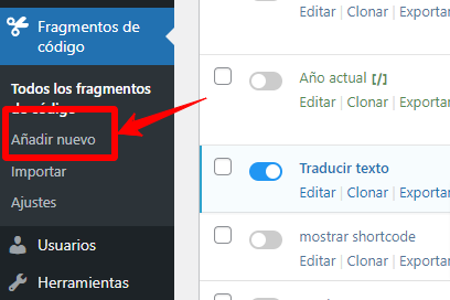 añadir nuevo código en code snippets wordpress