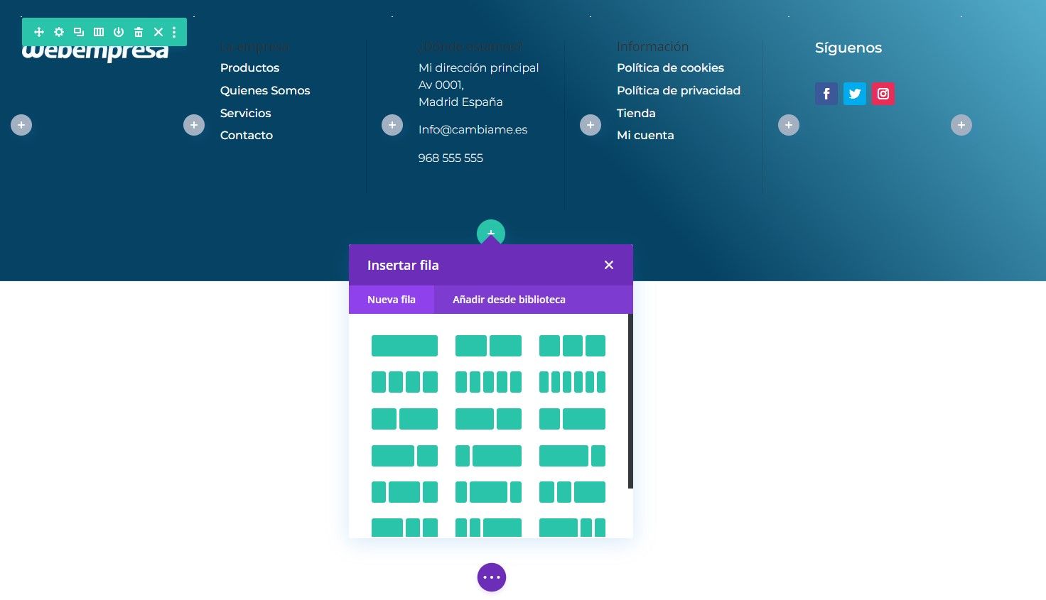 nueva fila en el footer de divi