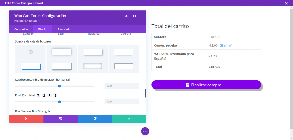 botón de pedido de WooCommerce en el carrito con Divi