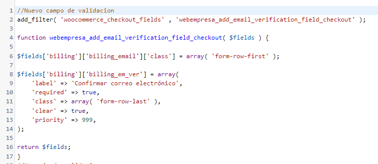 nuevo campo de confirmación de correo en WooCommerce