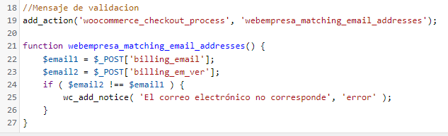 texto del campo de confirmación de correo en WooCommerce