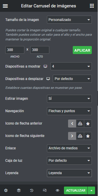 opciones del carrusel de Imágenes de Elementor