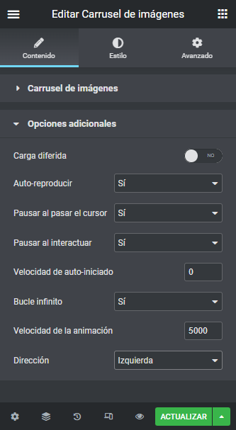 opciones avanzadas de carrusel de Imágenes de Elementor