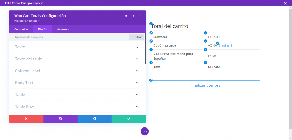 cart totals en WooCommerce y Divi