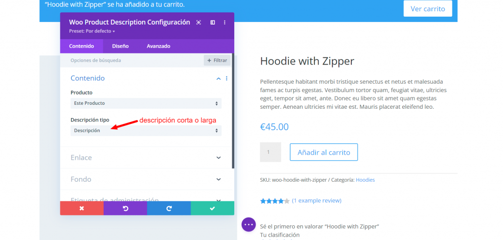 modificación de descripción de producto con Divi