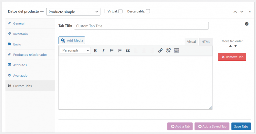 editor nuevo de pestaña personalizada en WooCommerce